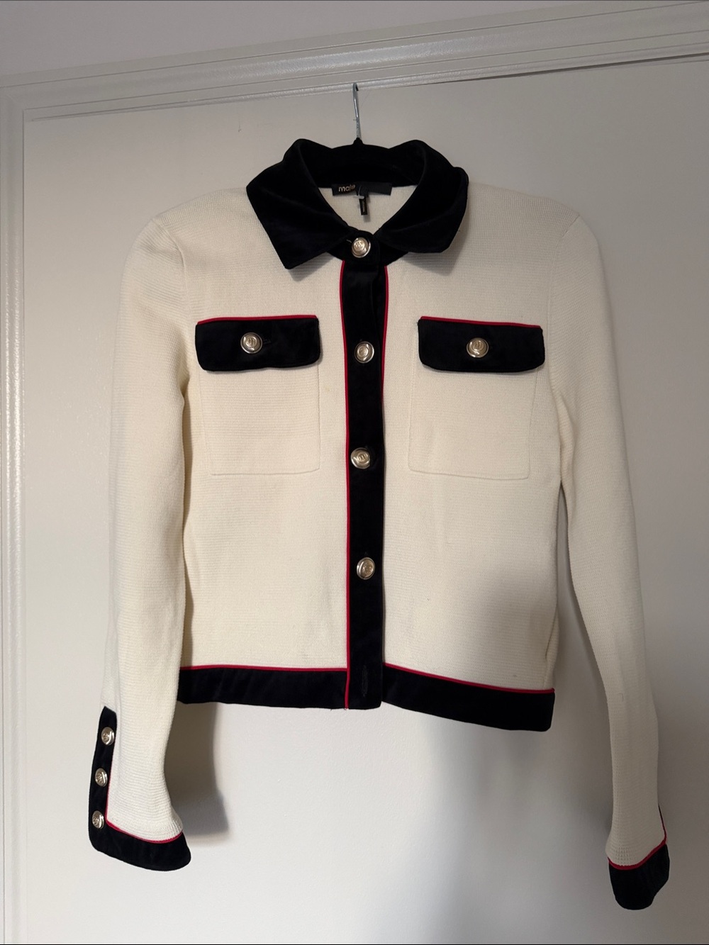 Maje Cream Knit Blazer with Black Velvet Trim and Red Piping